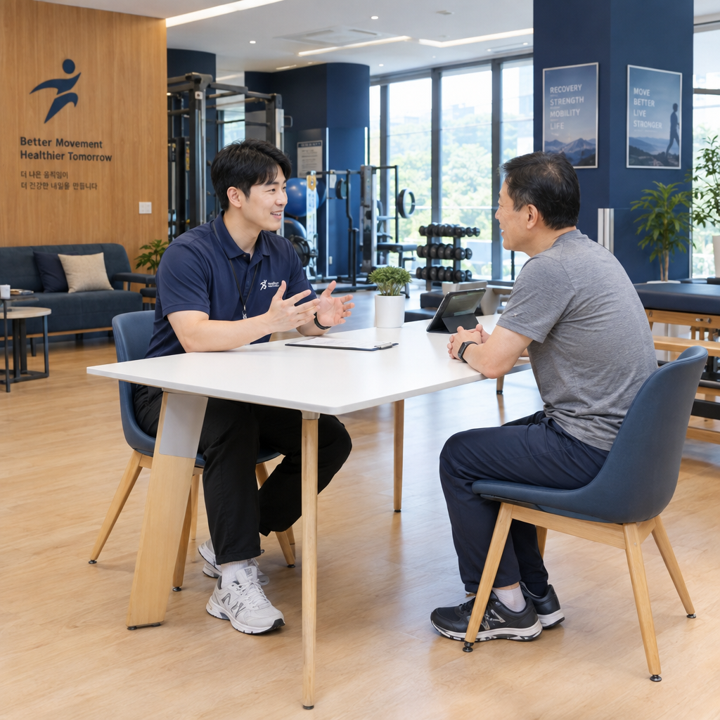 상담테이블에 앉아 트레이너와 상담하는 모습
